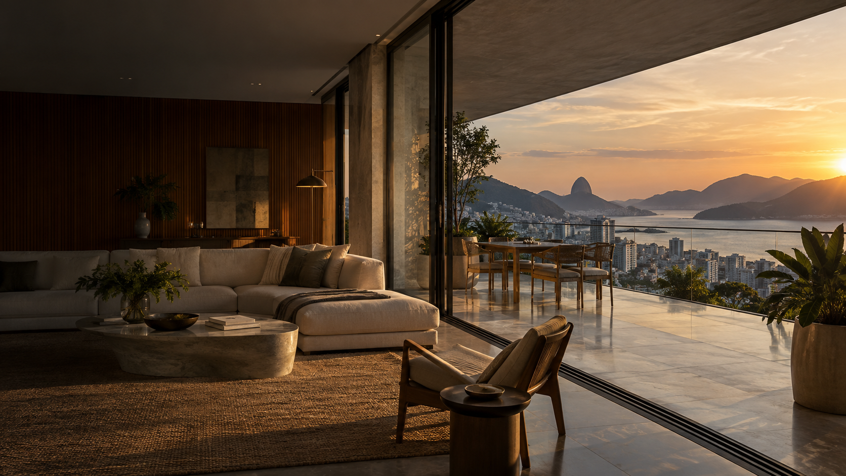 Sala contemporânea com varanda e vista para o Rio de Janeiro